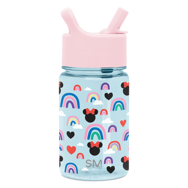 Light blue water bottle with soft pink silicone lid and handle, featuring multicolored rainbow accents.