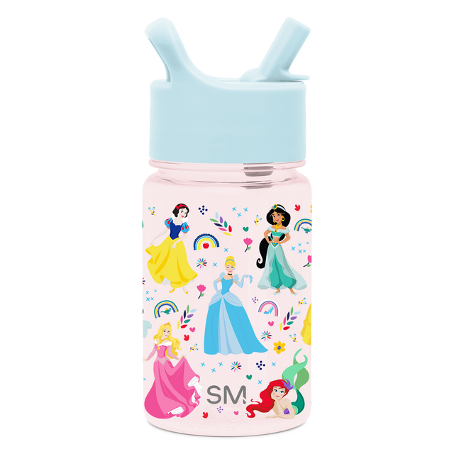 Pink children's water bottle with princess design, pale blue-green cap and handle