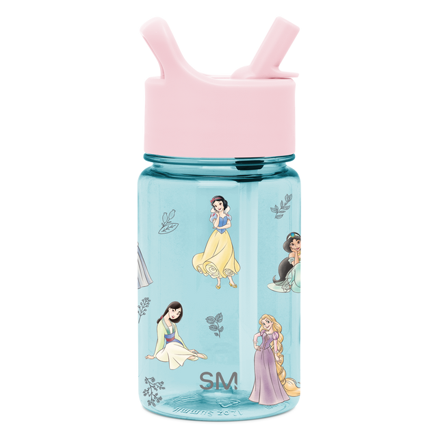 Light aqua blue water bottle with soft pastel pink lid and dual straw handles