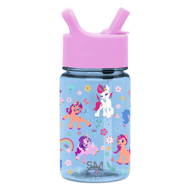 Light blue water bottle with bright pink lid and straw handles, featuring hot pink accents