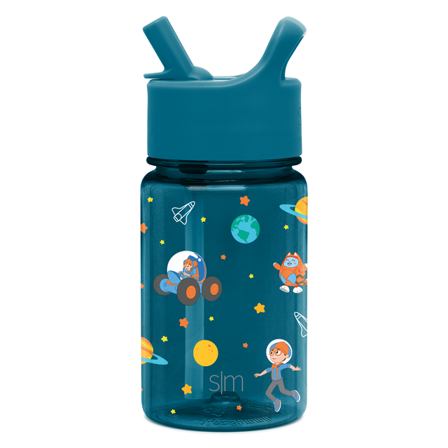 Teal and turquoise kids bottle with space theme design and matching bright turquoise lid