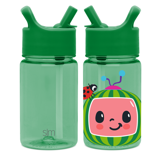 Two mint green water bottles with flip-top caps side-by-side on white background. Left bottle is plain with SM logo. Right bottle details not fully visible in description.