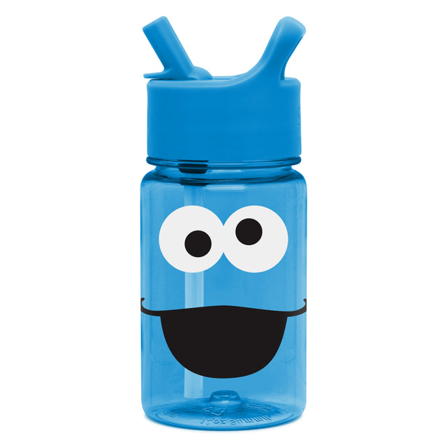 Bright blue translucent water bottle with playful character design and matching blue cap on white background