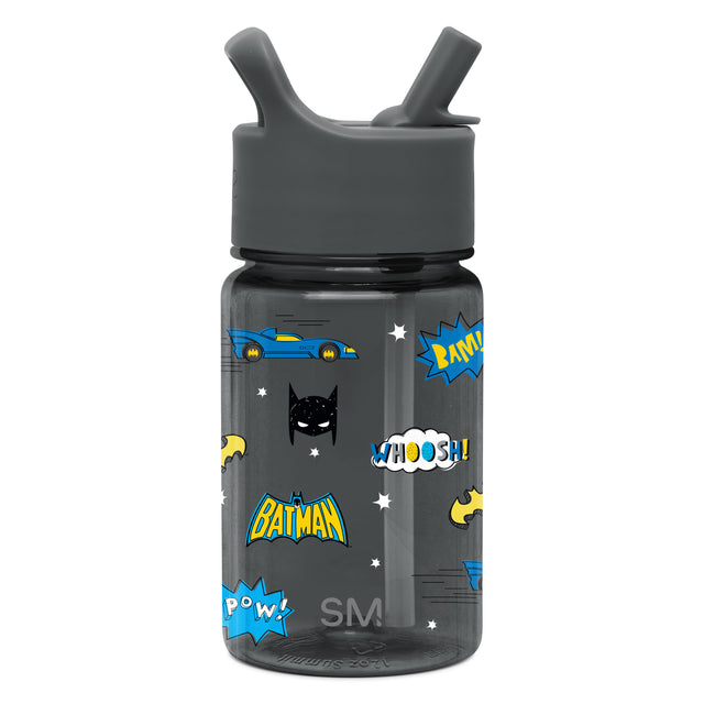 Dark charcoal gray translucent water bottle with matching gray silicone cap and handle, accented with bright blue, yellow, and white design elements