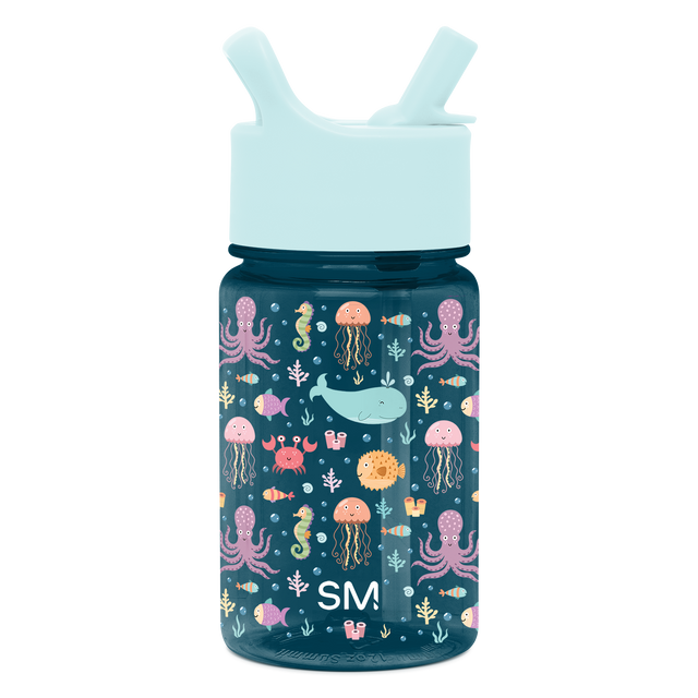 Deep teal water bottle with light blue lid and handles, accented with coral pink and peachy orange details