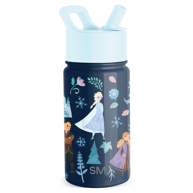 Light powder blue cap and carrying handle on deep navy blue cylindrical water bottle with soft pastel two-tone color design