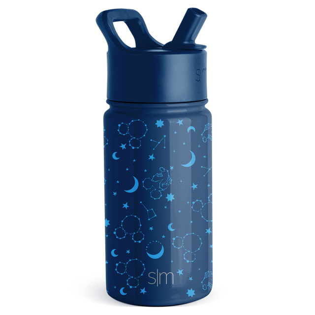 Navy blue water bottle with cyan and turquoise accent stripes and matching lid, featuring a glowing nighttime design aesthetic.