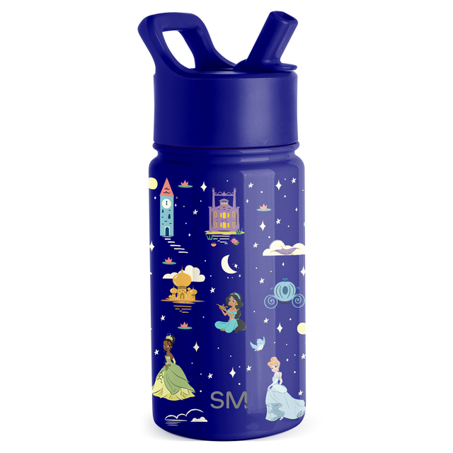 Navy blue water bottle with matching lid and handle, featuring soft pastel accents