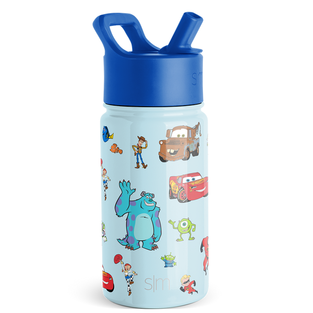 Pale light blue cylindrical water bottle with bright royal blue cap and straw mechanism, featuring character graphics and design elements