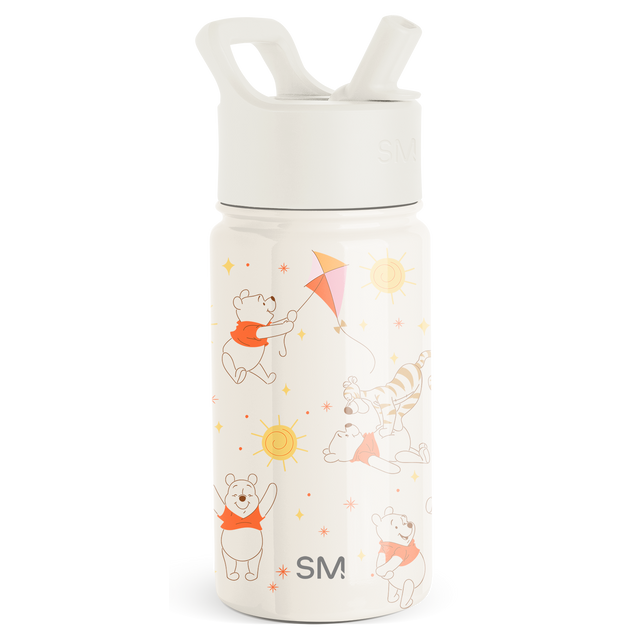 Cream-colored water bottle with white lid and handles, featuring coral orange and soft pink accent details