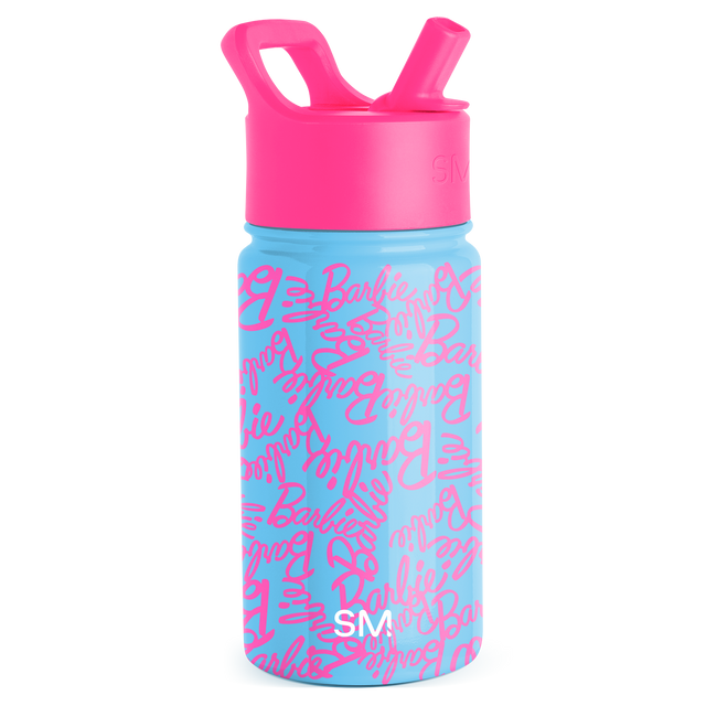 Hot pink and sky blue water bottle with repeating text graphic on body and pink lid
