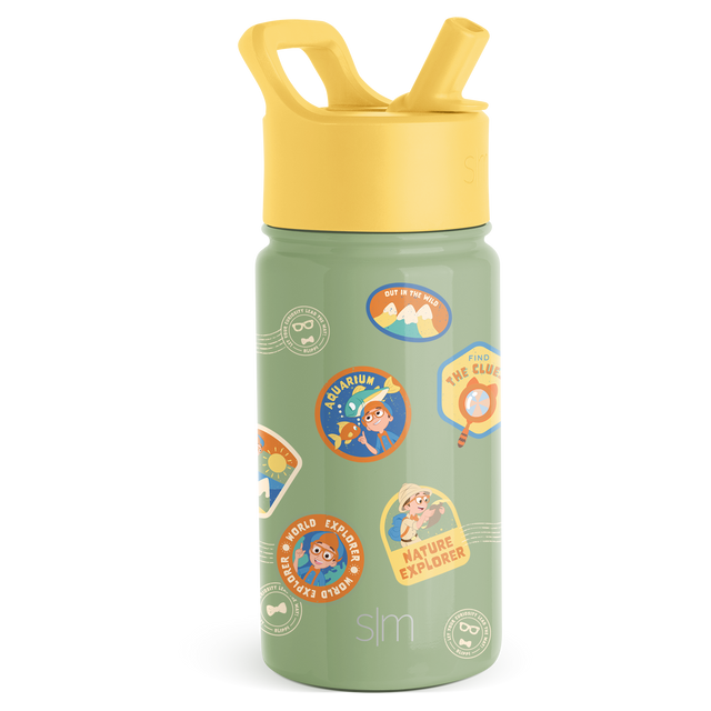 Yellow and white children's water bottle with hinged carrying handle and lid against white background