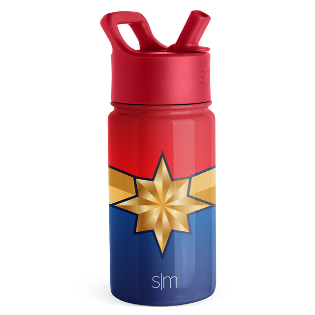 Three-section water bottle with bright red upper portion, golden yellow middle band, and deep navy blue lower section in bold color-block design