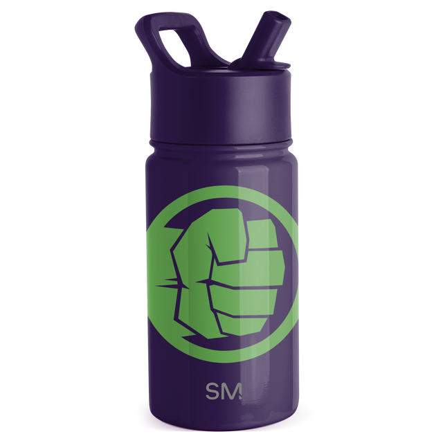 Deep purple water bottle with vibrant lime green circular graphic on front, dark navy accents, and matching lid.