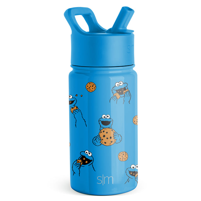 Bright blue water bottle with cookie character graphics repeated on the body, medium sky blue with deeper blue lid and spout.