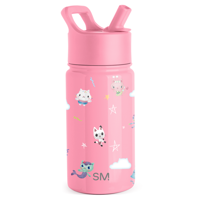 Bright pink water bottle with white cloud design accents