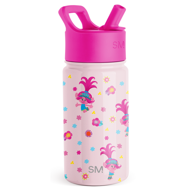 Bright magenta water bottle with pale pink body and matching lid, featuring vibrant printed graphic accents