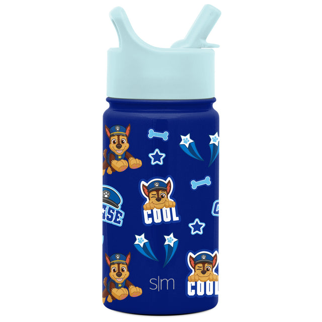 Navy blue water bottle with pale aqua top and lid, featuring paw print design detail on the body