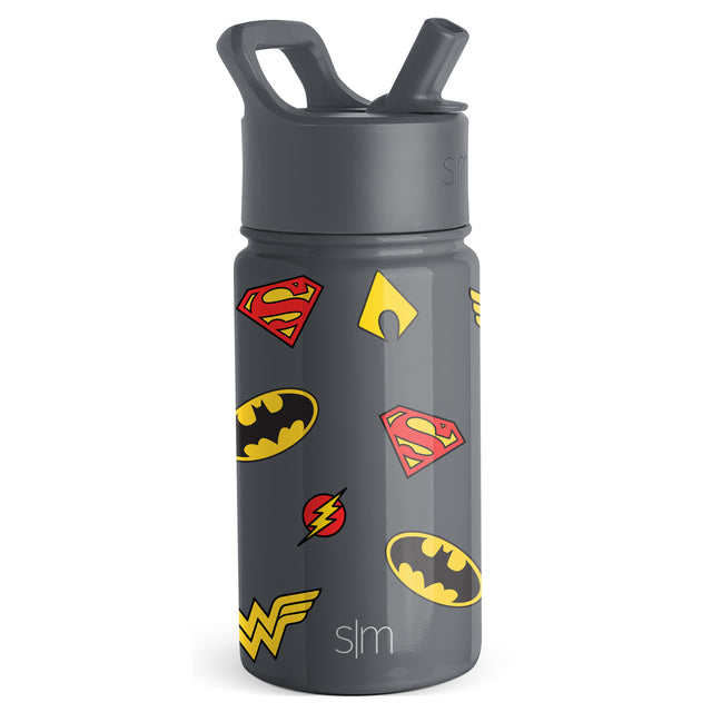 Charcoal gray cylindrical bottle with bright red, vibrant yellow, and black graphic design elements and SM logo printed on surface.