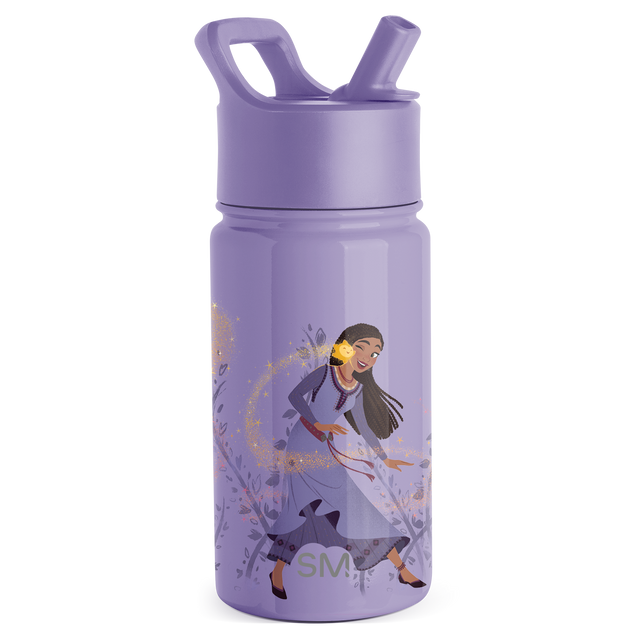 Lavender purple water bottle with golden-tan illustrated design accents on body and lid