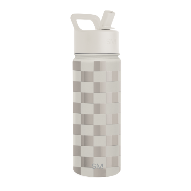 Cream and taupe checkerboard water bottle with cylindrical shape and neutral color palette