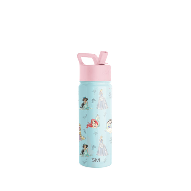 Light blue water bottle with pastel pink lid and spout, featuring delicate botanical and character illustrations