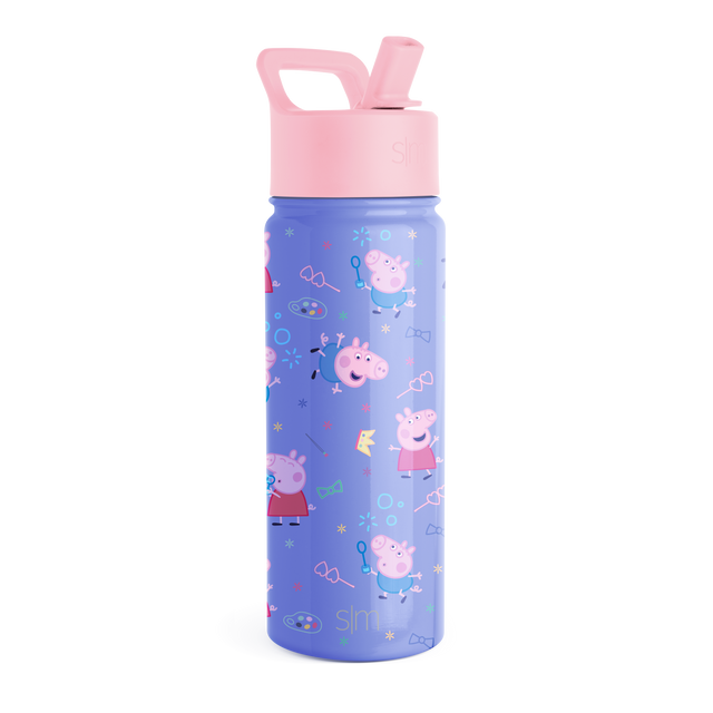 Periwinkle blue cylindrical water bottle with soft pink cap, spout, and handle.