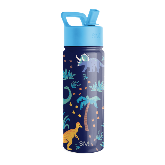 Dark navy blue water bottle with bright sky blue lid and carrying handle, teal accents