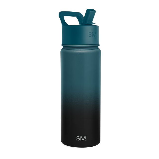 Teal to black ombre water bottle with matching dark teal cap and carrying handle