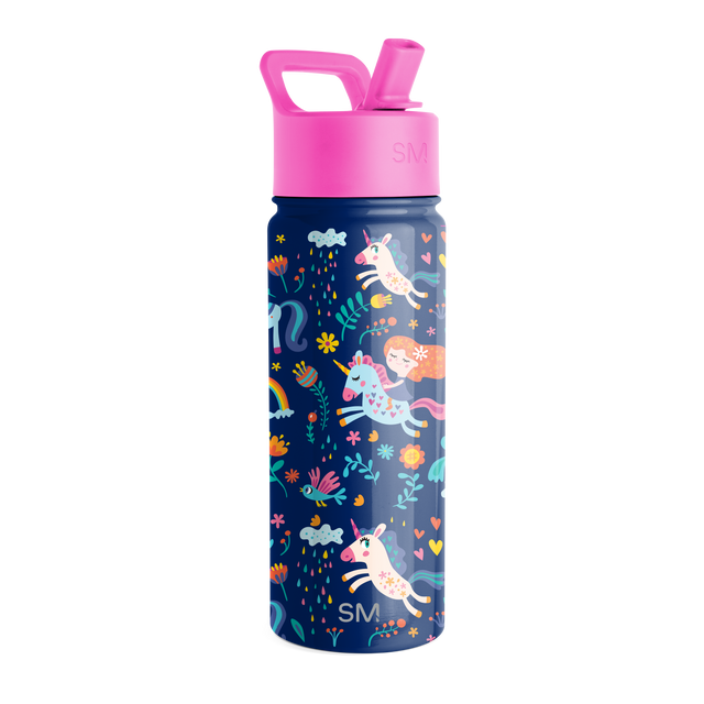 Deep navy blue water bottle with hot pink cap and spout, vibrant two-tone design for hydration and everyday use.