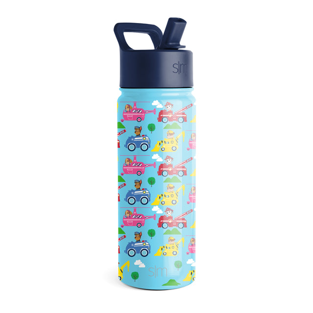 Light blue water bottle with dark navy cap and straw, featuring repeating illustrated pattern with vibrant accents