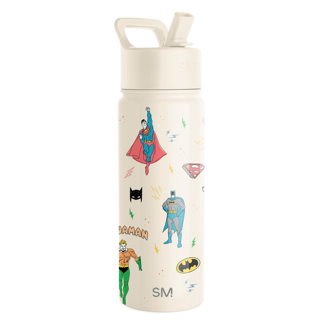 Cream-colored bottle with colorful cartoon character featuring vibrant blue, red, orange, green, and yellow design elements