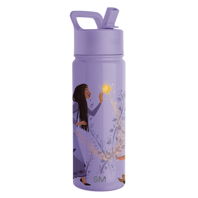 Lavender purple water bottle with gold and yellow accents, darker purple and gray design elements, and skin tone illustrations