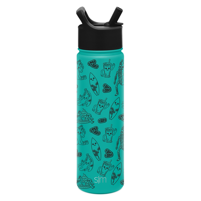Turquoise water bottle with black cap and straw spout on white background
