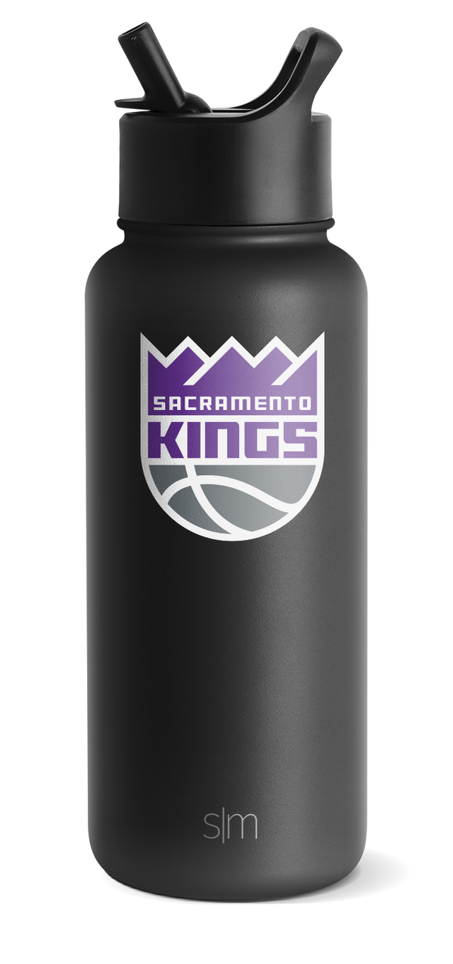 Black cylindrical water bottle with straw lid on white background