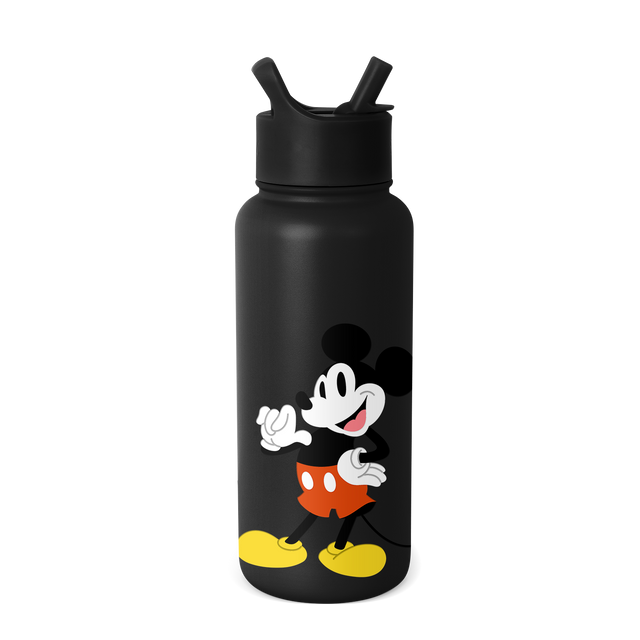 Matte black bottle with bright red-orange, pure white, and golden yellow accent stripes and design elements.