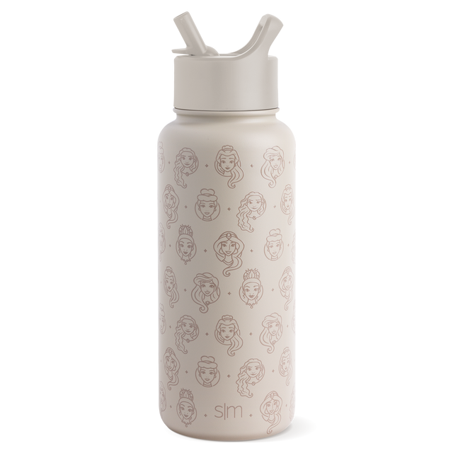 Cream-colored water bottle with taupe line-drawn illustrations and matching cap assembly