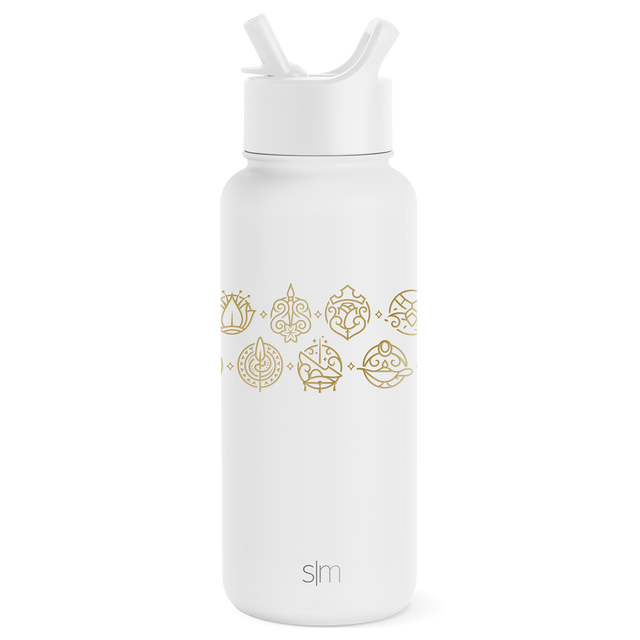 White insulated water bottle with wide mouth opening and dual-handle straw cap on cylindrical body with tapered lower section