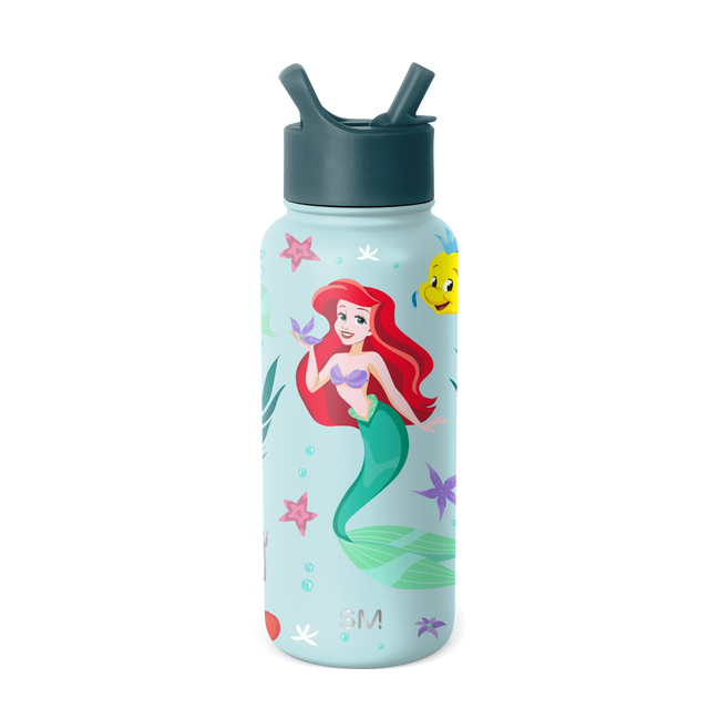 Light blue water bottle with dark teal cap and straw closure system, accented with hot pink, red, and purple details.