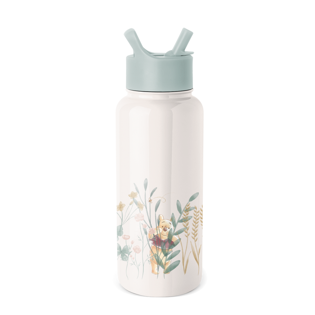 Soft cream cylindrical water bottle with detachable sage green straw-style cap and muted design graphics.