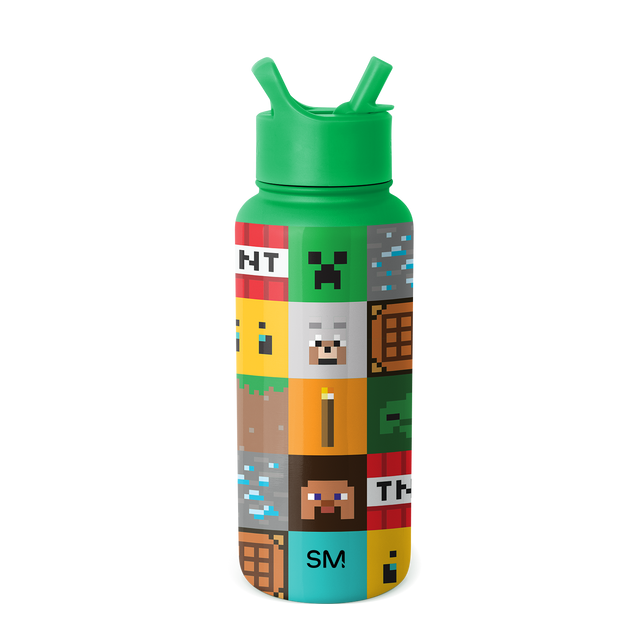 Bright green water bottle with dual straw handles featuring Minecraft pixel art design on white background