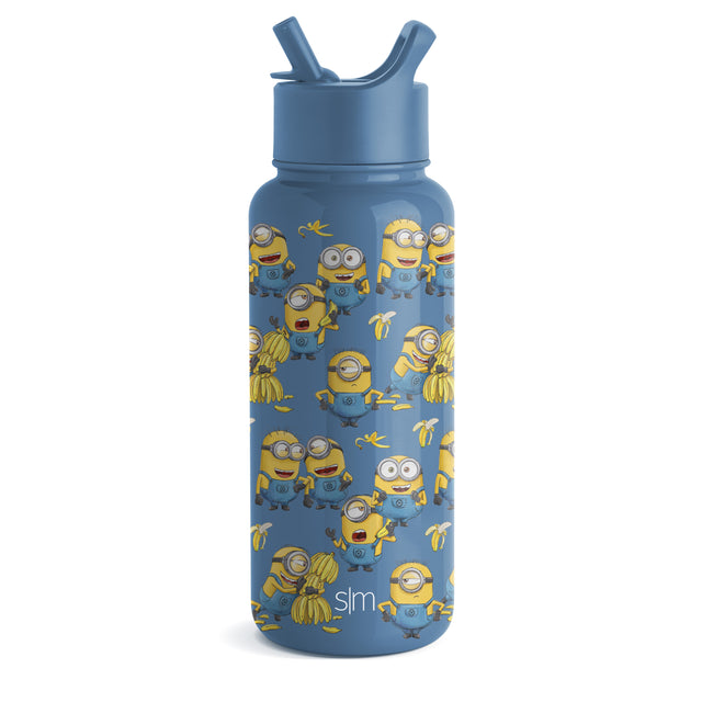 Slate blue water bottle with bright yellow character graphics printed across the surface
