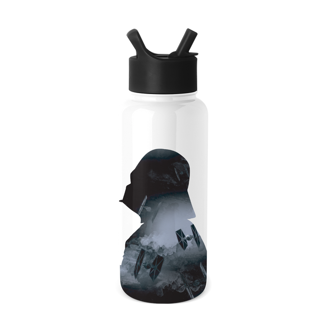 White water bottle with black cap and lower graphic design on white background