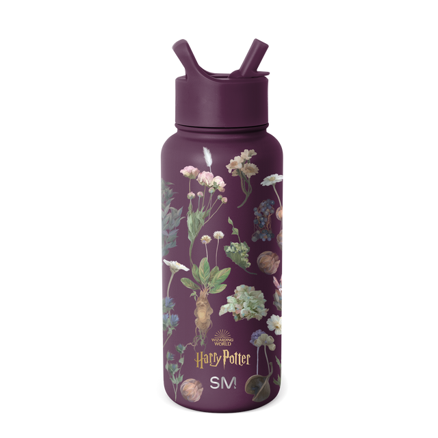 Deep plum water bottle with botanical illustrations in cream, sage green, muted blue, and tan accents