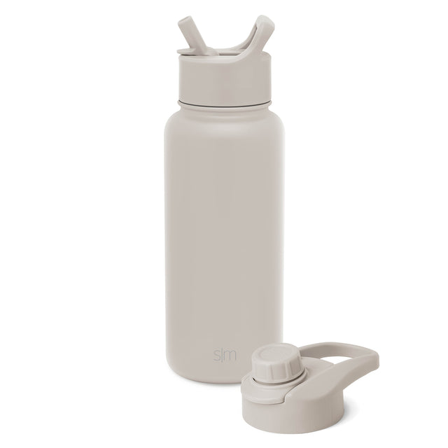Cream-colored water bottle with detachable lid on soft white and pale beige background