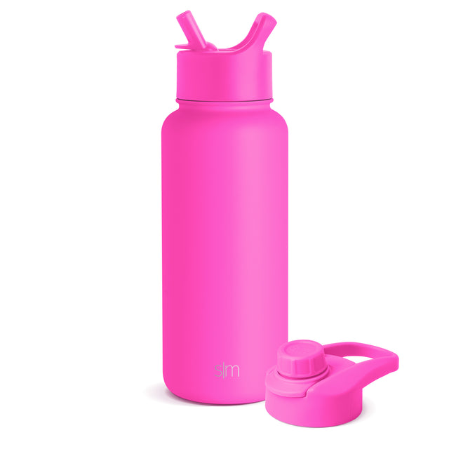 Bright hot pink Simple Modern water bottle with wide mouth design and dual straw-style handles on white background, accompanied by matching accessories.