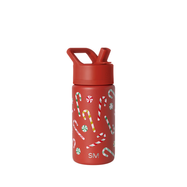 Red insulated water bottle with white, green, and yellow holiday accents on the cap and handle.