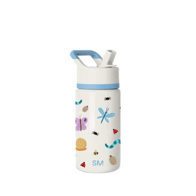 White Simple Modern insulated children's water bottle with cream base and soft blue band against white background