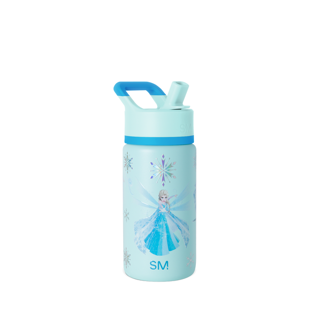 Pale mint water bottle with bright blue accents and frozen character design
