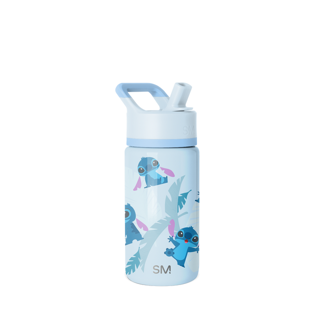 Light sky blue water bottle with white lid and handle, featuring medium blue, teal, and magenta accent colors